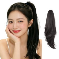 지니판 강력고정 큰집게형 C컬 레이어드컷 포니테일 긴머리 가발, 1개, 내츄럴블랙