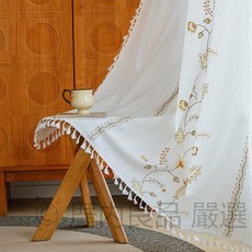 刺繡流蘇棉麻窗紗 北歐風田園風窗簾 客廳臥室民宿適用 透光柔紗, 金色風鈴花-掛鉤,高140*寬140公分