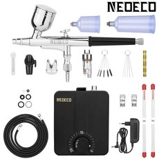 듀얼 액션 에어브러시 키트 30PSI 고압 자동 정지 무단 제어 압축기 키트 포함 그림 모델 메이크업 네일용, NCT-STCB131B-S3, 미국 플러그