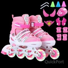 인라인 스케이트 어린이 풀세트, 핑크 + 올 플래시 + 음악 보호구 세트