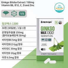 엔젯오리진 징코맥스1300 30정x1박스 은행잎추출물 아연 비타민BCD 미국산, 30정