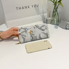 刺繡長款零錢包 女士輕便一體, 1個, 淺灰色,卡包錢包手拿包休閒包