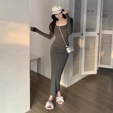 투니스 여성 단색 스퀘어넥 슬림핏 타이트 롱 원피스