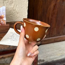高溫釉下彩波點陶瓷咖啡杯, 焦糖波點花口馬克杯 - 矮款280ml, 1個