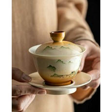 陶瓷蓋碗 茶碗 中國風山水畫 功夫茶泡茶杯, 如圖所示, 1個