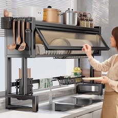 廚房水槽置物架 檯麪碗碟水池碗櫃 多功能洗碗槽水池防塵碗櫃 瀝水架 廚房收納架, 黑色-【65cm長】旗艦款6掛鉤, 1個