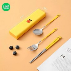 LINE FRIENDS 便攜式筷子湯匙三件套裝 上班族學生不鏽鋼餐具組 輕便收納, 莎莉雞, 1個