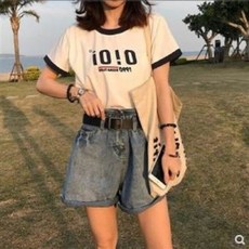 io!o 印花T恤, 復古寬鬆字母印花撞色短袖T卹, 1個