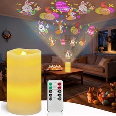 부활절 불꽃 없는 캔들 프로젝터 조명 부활절 장식 양초 램프 귀여운 토끼/계란 프로젝션 배터리 작동 LED 캔들 원격 타이머 포함 스프링 테이블 홈 데코용 (아이보리 -, 아이보리 - 부활절