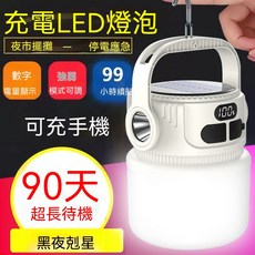 黑夜剋星 太陽能充電LED燈泡，照亮300坪，全年零電費，夜市/足球場/果園適用，電量顯示，可手機充電, 低亮【無調節+低容鋰電】慢充, 1個