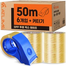 아뜰라임 튼튼한 다용도 포장용 투명 박스 테이프 48mm, 50m + 커터기, 6개