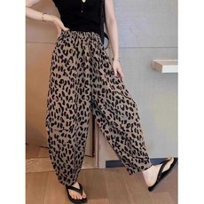 HARANG 호피 바지 여자 여름 루즈핏 빅사이즈 레오파드 호피무늬 캐주얼 밴딩 배기 팬츠