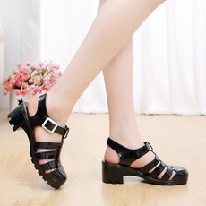 ROYALBELLE 여성 젤리 스트랩 투명 버클 펀칭 미들힐 굵은 굽 샌들