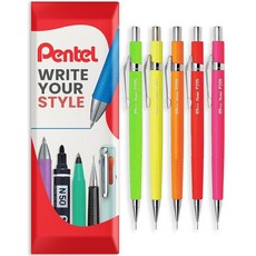 Pentel P205-FX 샤프 오토매틱 펜슬 - 형광 범위 0.5mm HB 베개 포장에 연필 5개 팩 그린 옐로우 오렌지 레드 핑크