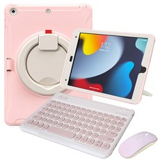 Powerway iPad 10.2吋(iPad 9/8/7)專用圓環型藍牙鍵盤保護殼，附贈同色無線滑鼠，無線藍牙連接，多角度支撐，輕巧便攜, 櫻花粉(粉色鍵帽/粉色滑鼠/粉色包護殼), 尊貴黑:櫻花粉(粉色鍵帽/粉色滑鼠/粉色包護殼)