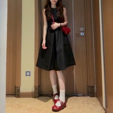 法式赫本風黑色收腰a字背心連衣裙子女夏季中長裙, 黑色