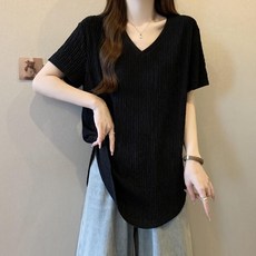 V領短袖T恤女 寬鬆顯瘦 中長版素色上衣