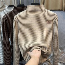 兒童德絨內搭打底衫，秋冬款，中大尺碼，半高領長袖T恤，條紋卡通上衣