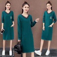 chunkeer 여성 빅사이즈 긴팔티 브이넥 롱원피스 봄가을 캐주얼 오버핏 롱 맨투맨 원피스 S89H45