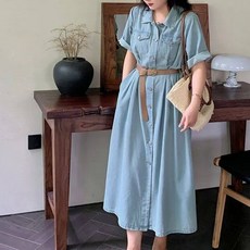 빅 사이즈 데님 원피스 벨트 드레스 슬림 핏 SET 여름 청 반팔 플리츠 셔츠 자켓