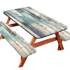 YEYE 아이JUICE벤치커버가있는피크닉테이블커버 182.9cm72인치 1.8m6피트 캠핑에센셜식탁보방수내유성 신축성있는가장자리 실내실외테라스용포레스트디122576, 블루 빈티지 우드 그레인