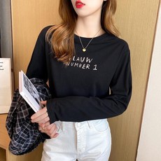 여성 라운드 긴팔 수유티 여성용 심플 레터링 프린트 수유 긴팔 코튼 티셔츠 LT