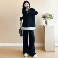 티류으스 여성 봄 임산부 캐주얼 투피스 니트 상의 조절 가능 와이드 팬츠 세트 Z092713