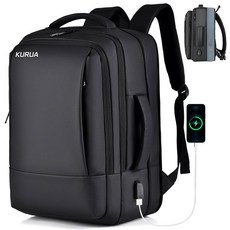 KURUA 확장형 직장인 대학생 대용량 여행용 17인치 방수 노트북 백팩, 블랙