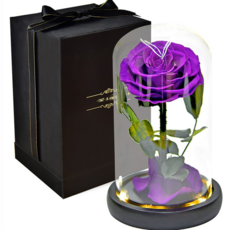 flowerisria 永生花美女與野獸情調燈一顆led玫瑰玻璃圓頂+電池+禮盒, 淺紫色