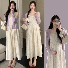 봄 가을 임산부 원피스 세트 캐주얼 패션 임부복 루즈핏 임부 투피스 세트 기질 자외선 차단 가디건 + 플라워 쉬폰 나시 원피스 투세트 WXY