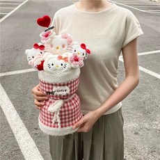 Kitty貓 花束禮物 少女心, 愛心-Kitty貓紅格子+禮袋賀卡, 1個