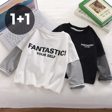 아동 남녀공용 페이크 레이어드 긴팔 티셔츠 주니어 스트라이프 배색 레터링 상의 2종세트
