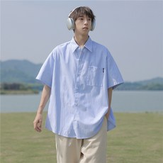 남성용 오버핏 줄무늬 셔츠 코트 링클프리 베이직 반팔 와이셔츠