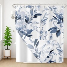 Nesphy 샤워 커튼 및 라이너 세트 수채화 플라워 세이지 그린 꽃 식물 라이너 양면 스테인리스 스틸 후크 욕실용 3-in-1 방수 원단 182.9 x 182.9cm(, 네이비 블루 플로럴