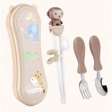 兒童學習筷 兒童訓練筷 寶寶學習筷餐具套裝 兒童餐具 兒童練習筷 兒童外出餐具 隨身餐具, 1個, 猴子（學習筷+叉+勺+收納盒）, 黃色