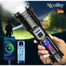 Nicoliley 초강력 후레쉬 손전등 1.5km LED 줌 라이트 충전식, 블랙, 1개 블랙, 1개