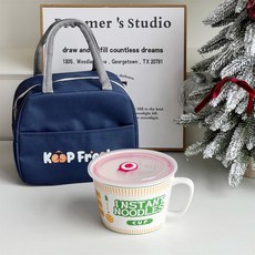 스타일 세라믹 손잡이 전자레인지용 뚜껑 대용량 기숙사용 그릇 국수 투명 학생, 4 라면 컵 그린 PVC 뚜껑 보온 가방 네이비