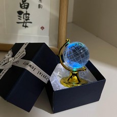 투명 크리스탈 지구본 소형 방꾸미기 인테리어 소품, 골드 라피아 선물 상자 조명 포함
