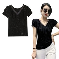 도나토르 여성 브이넥 쉬폰 프릴 반짝이 댄스복, 블랙