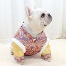 【格森】法鬥 中式拜年服 胖狗鬥牛犬狗狗衣服 加厚兔毛夾棉, 紫色海岸花年服,L, 1個