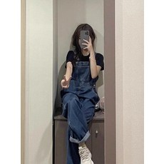여성 빅사이즈 데님 멜빵바지 봄 와이드핏 슬림핏 팬츠