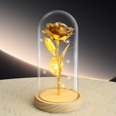 위어라 금박 로즈 유리 돔 - 24K 고급 실크 장미 단일 부케 여자친구/아내 생일/기념일/발렌타인데이 감성 선물, 나무 바닥 - 유리 커버 - 구식 금색 (선물 상자 포