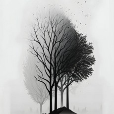 프레임리스 미니멀리스트 흑백 산 나무 풍경 포스터 인쇄 캔버스 그림 벽 예술 거실, 6. 4