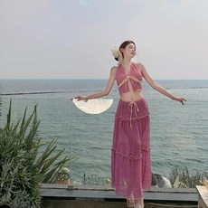 DFMEI 法式氣質仙女拍照高級感比基尼海島度假分體式長袖露腰泡溫泉泳衣, XL