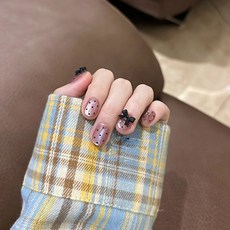 美甲貼片穿戴甲夏季甜酷風美甲片可拆卸貓咪星星蝴蝶結假指甲短款, 1個, BY1520黑點領結:膠水款