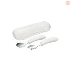 Richell TLI 兒童不鏽鋼匙叉組 (附收納盒) 寶寶學習餐具, 1個, 不鏽鋼匙叉組(附盒)(米), 米