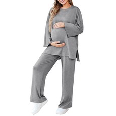 [ 1172763 ] FMEYOA 여성용 임산부 파자마 세트 투피스 의상 긴소매 상의 및 라운지웨어 주머니가 있는 엄마 의류 07-그레이