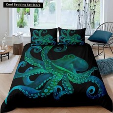 문어 이불 커버 청록색 촉수 트윈 침구 바다 동물 퀸 킹 폴리 에스터, EU single(135x200cm), 5. 3