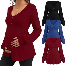 Cutecrop 3팩 여성용 임산부 상의 긴소매 튜닉 임산부 블라우스 드레시 골지 브이넥 임산부 셔츠 겨울용 와인 레드 라이트 블루 블랙 M
