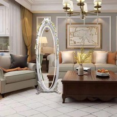 【豆腐妹的窩】破損補寄新品立體鏡子全身落地鏡女生臥室宿舍家用雕花歐式復古led穿衣試衣鏡, 白木金+LED燈鏡